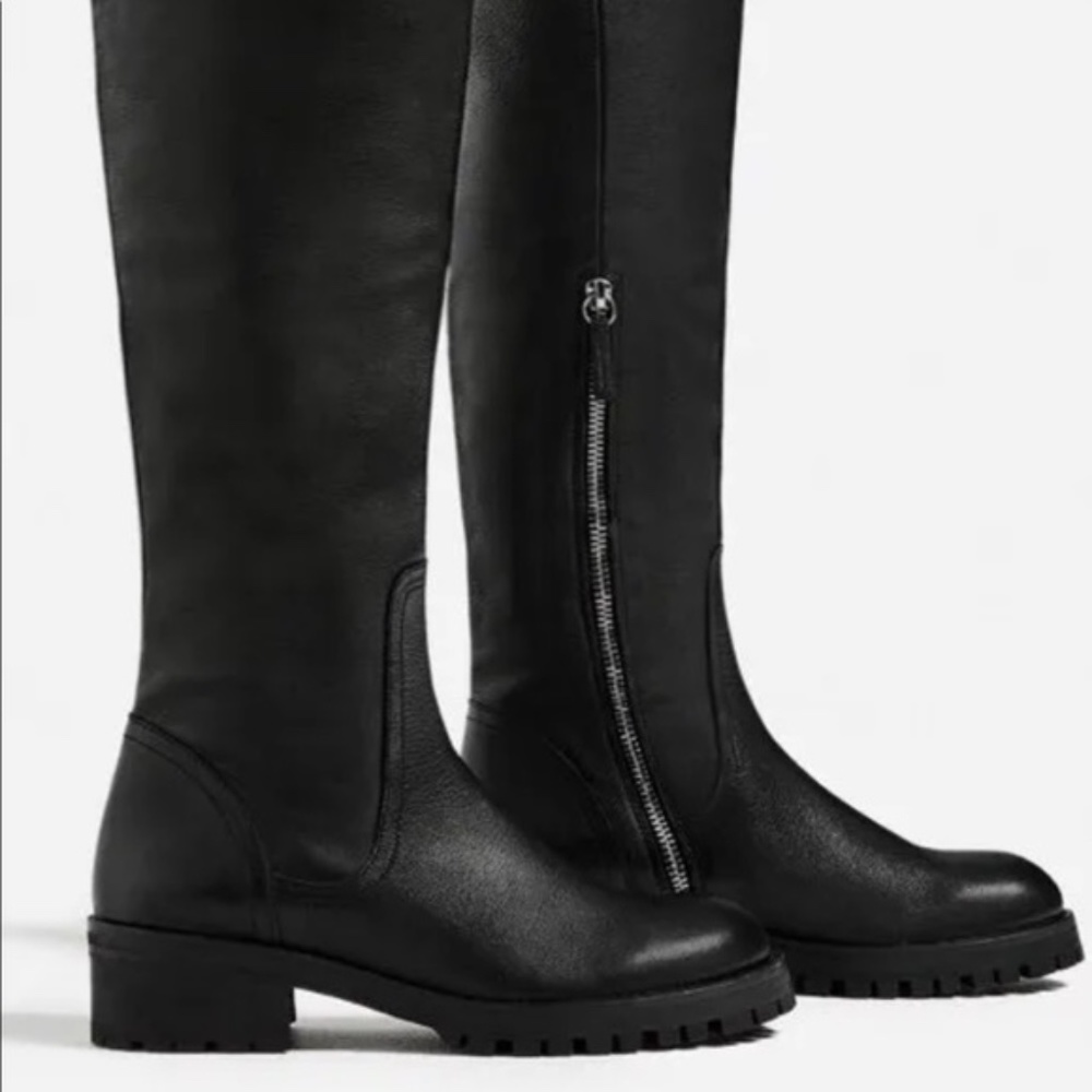 ZARA Leather 2 Buckle Over The Knee Lug Sole Tall Boots - Picture 4 of 13